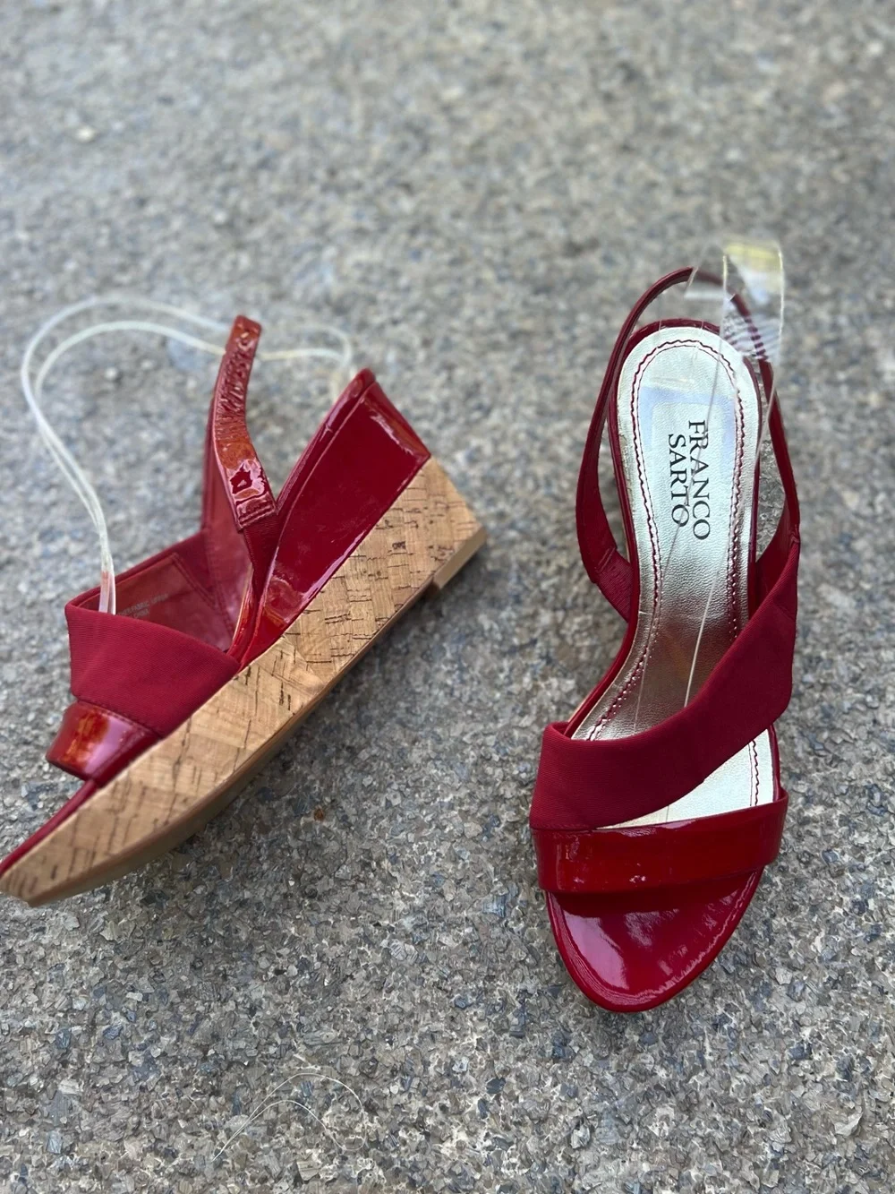 FRANCO SARTA Red Patent Leather & Canvas Slingback Wedges-size 7